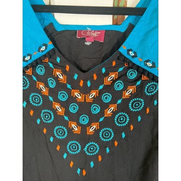 Coline Womens Size M Ethnic Shift Dress Blue Black Two Tone & Tassel Braid Trim - Picture 5 of 8